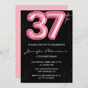 Black Pink 37th birthday invitations Balloon Glam