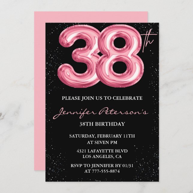 Black Pink 38th birthday invitations Balloon Glam  (Front/Back)