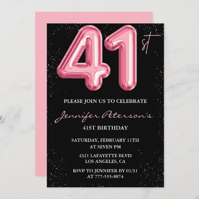 Black Pink 41st birthday invitations Balloon Glam  (Front/Back)