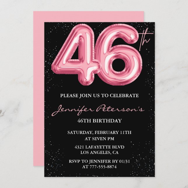 Black Pink 46th birthday invitations Balloon Glam  (Front/Back)