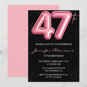 Black Pink 47th birthday invitations Balloon Glam