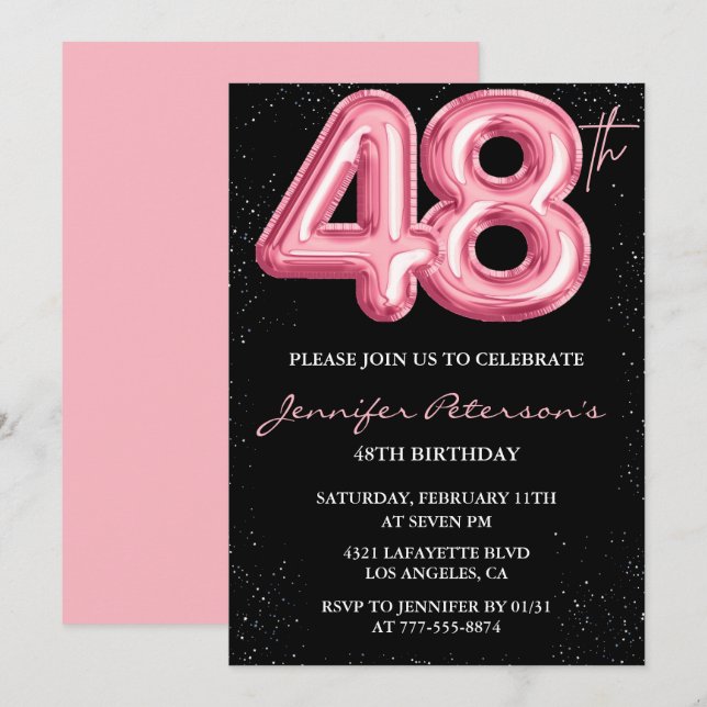 Black Pink 48th birthday invitations Balloon Glam  (Front/Back)