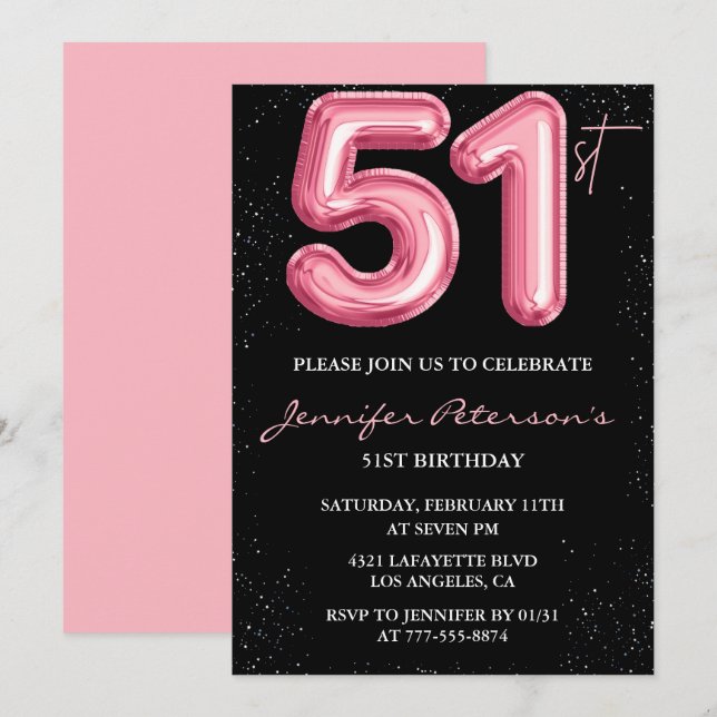 Black Pink 51st birthday invitations Balloon Glam  (Front/Back)