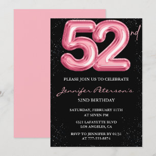Black Pink 52nd birthday invitations Balloon Glam