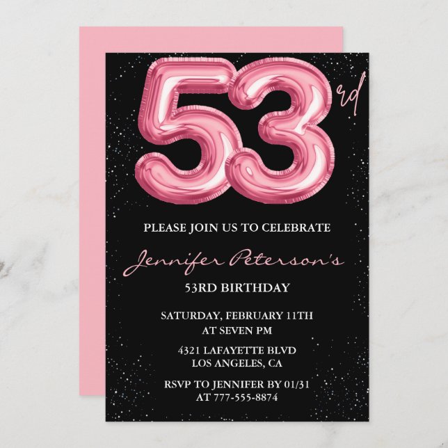 Black Pink 53rd birthday invitations Balloon Glam  (Front/Back)