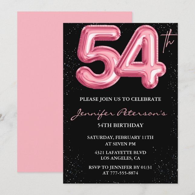 Black Pink 54th birthday invitations Balloon Glam  (Front/Back)