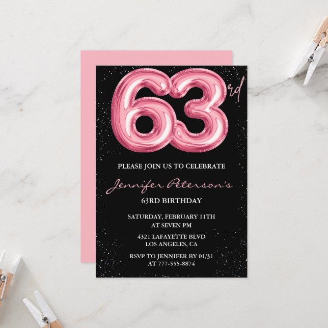 Black Pink 63rd birthday invitations Balloon Glam  (Front/Back In Situ)