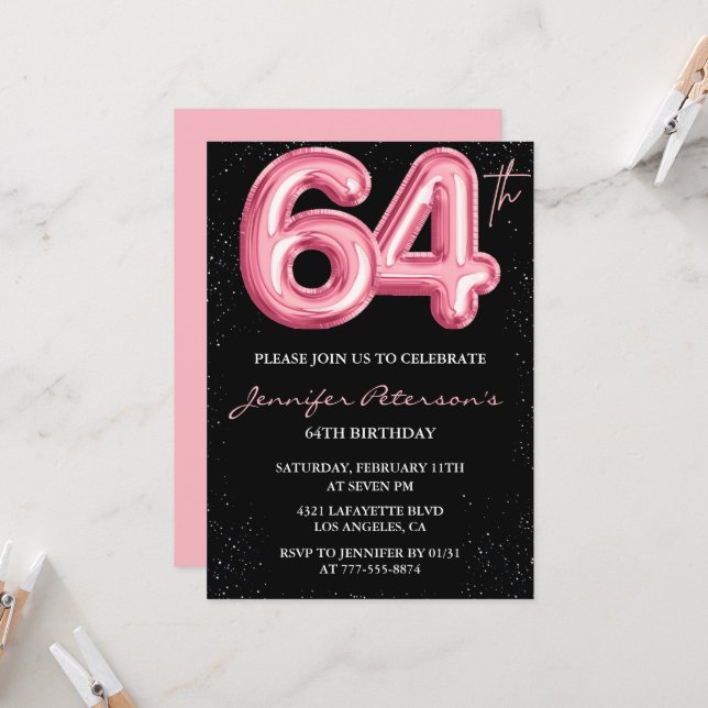 Black Pink 64th birthday invitations Balloon Glam  (Front/Back In Situ)