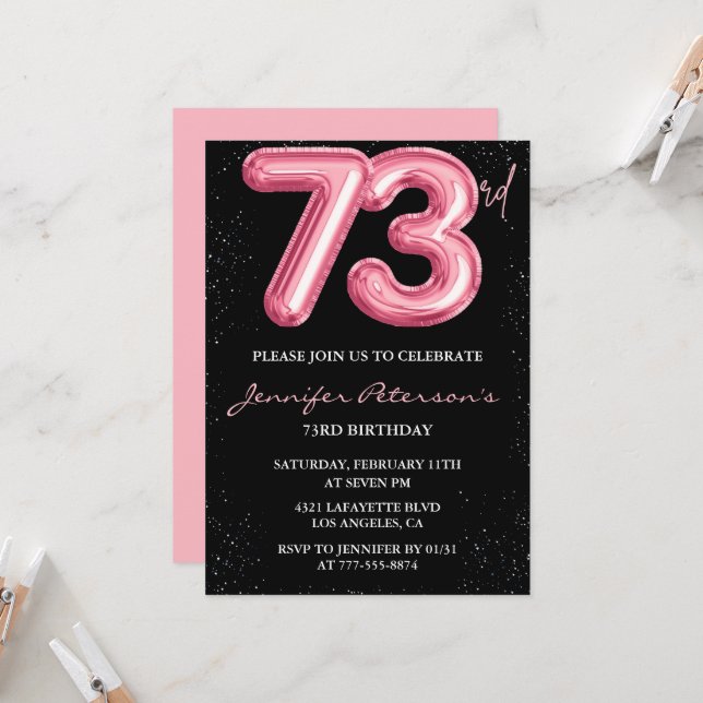 Black Pink 73rd birthday invitations Balloon Glam  (Front/Back In Situ)