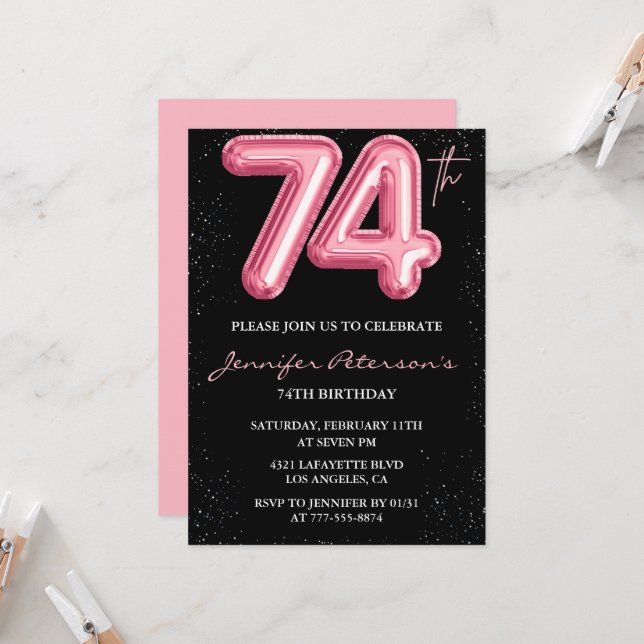 Black Pink 74th birthday invitations Balloon Glam  (Front/Back In Situ)