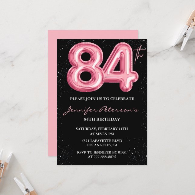 Black Pink 84th birthday invitations Balloon Glam  (Front/Back In Situ)