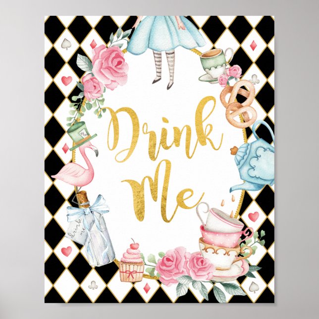 Black Pink Alice in Wonderland DRINK ME Party Sign (Front)