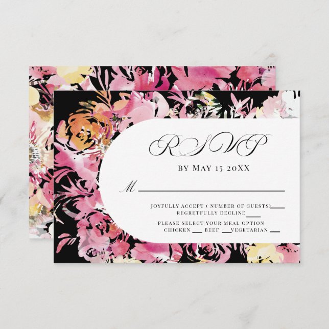 Black,  Pink and Blush Watercolor Flower Arch RSVP (Front/Back)