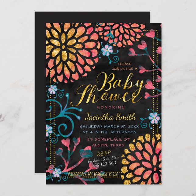 Black Pink and Gold Baby Shower Colourful Floral Invitation (Front/Back)