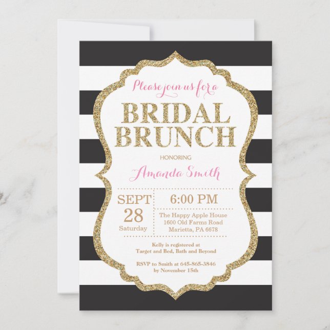 Black Pink and Gold Bridal Brunch Invitation (Front)