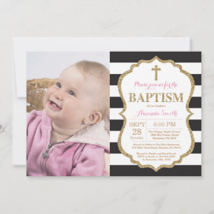 Black Pink and Gold Glitter Baptism Invitation
