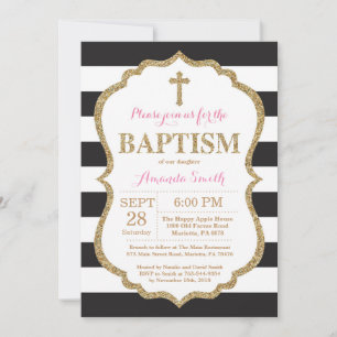 Black Pink and Gold Glitter Baptism Invitation