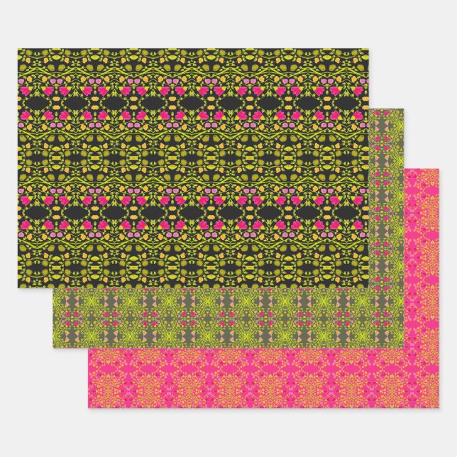 Black Pink and Green Patterned Wrapping Paper Sheet (Set)