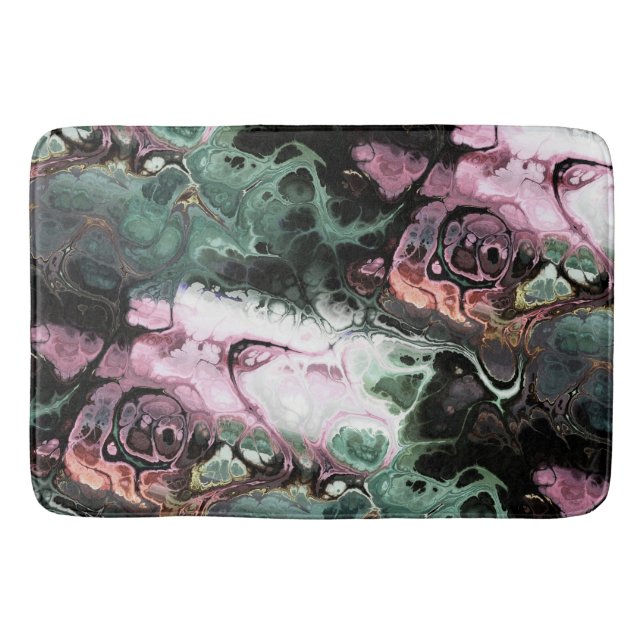 Black, pink and grey-green abstract tie dye marble bath mat (Front)