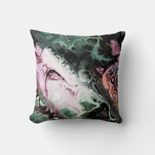 Black, pink and grey-green abstract tie dye marble cushion