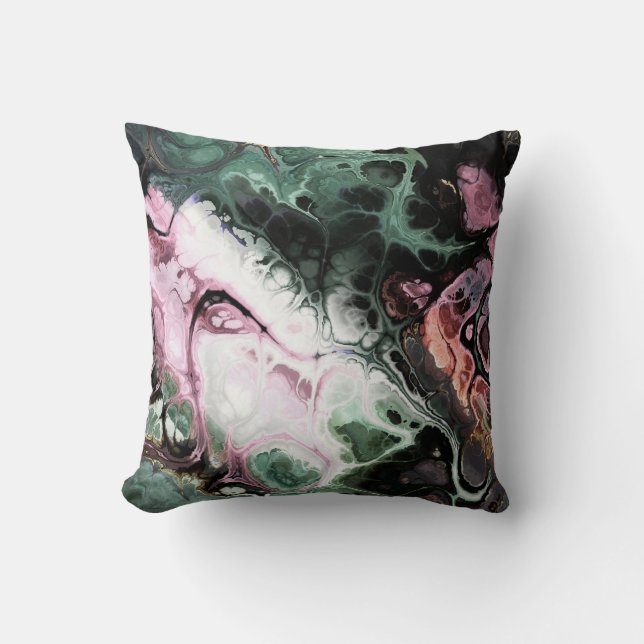 Black, pink and grey-green abstract tie dye marble cushion (Front)