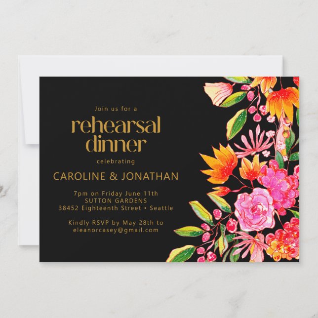 Black Pink and Orange Floral Rehearsal Dinner Invitation (Front)