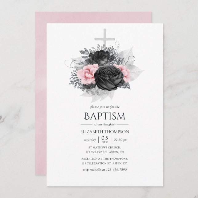 Black Pink and Silver Vintage Roses Baptism Invitation (Front/Back)
