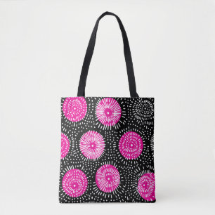 Black pink and white doodle burst tote bag