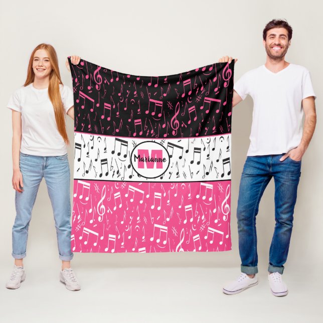 Black pink and white music notes fleece blanket (In Situ)