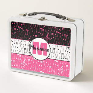 Black pink and white music notes metal lunch box