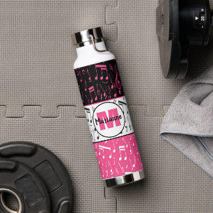 Black pink and white music notes  water bottle