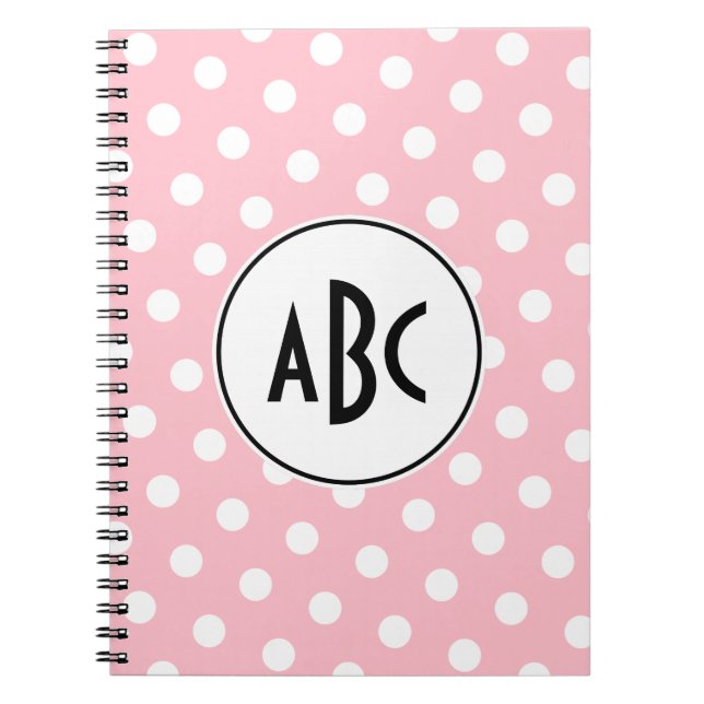 Black Pink and White Polka Dots Monogram Notebook (Front)