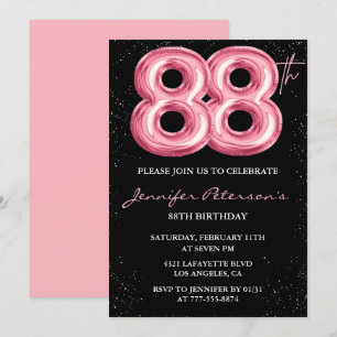 Black Pink Balloon Glam 88th birthday Invitation