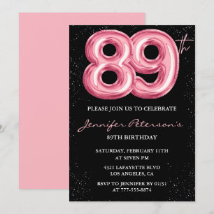 Black Pink Balloon Glam 89th birthday Invitation