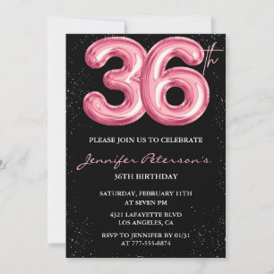 Black Pink Balloon Glam Glitter 36th birthday Invitation