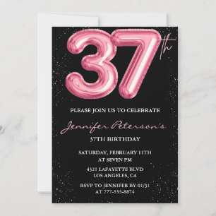 Black Pink Balloon Glam Glitter 37th birthday Invitation