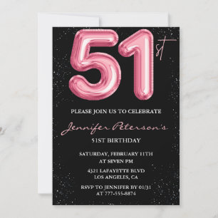 Black Pink Balloon Glam Glitter 51st birthday Invitation