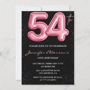 Black Pink Balloon Glam Glitter 54th birthday Invitation