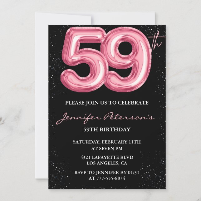 Black Pink Balloon Glam Glitter 59th birthday Invitation (Front)