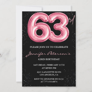 Black Pink Balloon Glam Glitter 63rd birthday Invitation