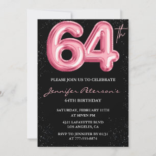Black Pink Balloon Glam Glitter 64th birthday Invitation