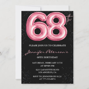 Black Pink Balloon Glam Glitter 68th birthday Invitation