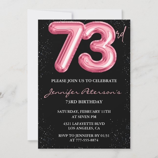 Black Pink Balloon Glam Glitter 73rd birthday Invitation (Front)