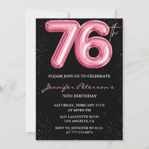 Black Pink Balloon Glam Glitter 76th birthday Invitation