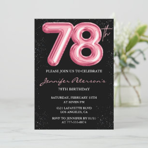 Black Pink Balloon Glam Glitter 78th birthday Invitation