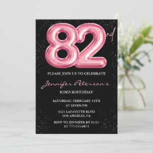 Black Pink Balloon Glam Glitter 82nd birthday Invitation