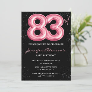 Black Pink Balloon Glam Glitter 83rd birthday Invitation