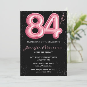 Black Pink Balloon Glam Glitter 84th birthday Invitation