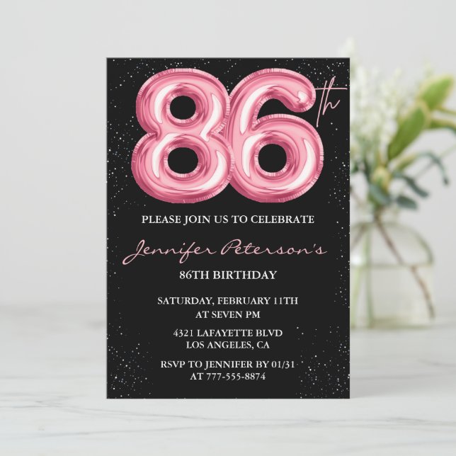 Black Pink Balloon Glam Glitter 86th birthday Invitation (Standing Front)