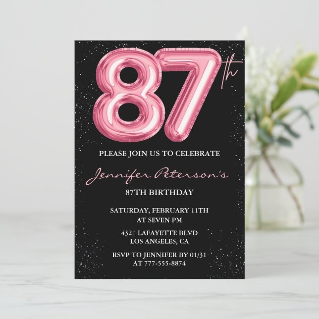 Black Pink Balloon Glam Glitter 87th birthday Invitation (Standing Front)